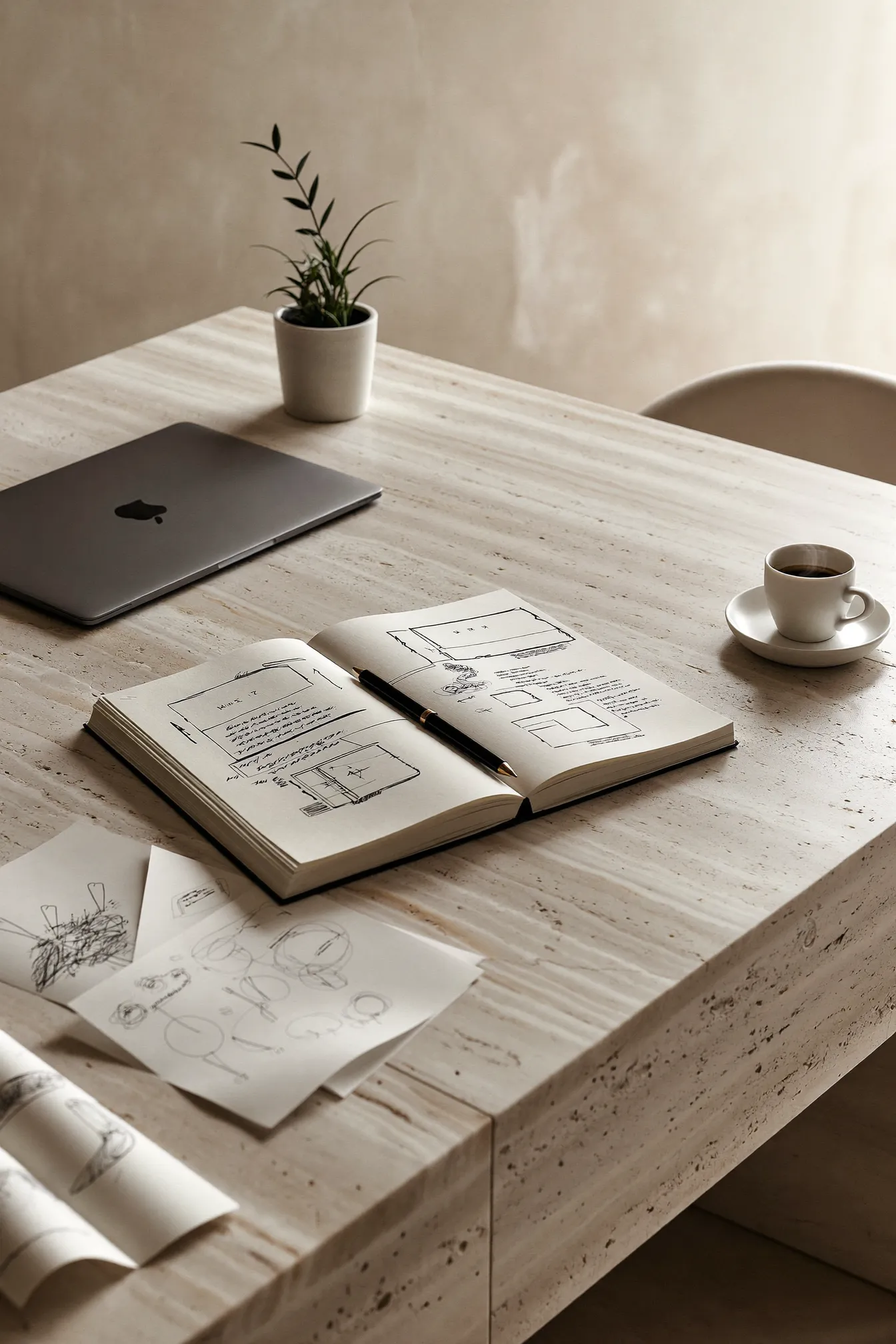 Cuaderno con bocetos y wireframes sobre mesa