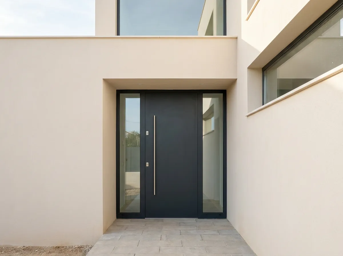 Puerta de entrada de aluminio antracita en edificio residencial