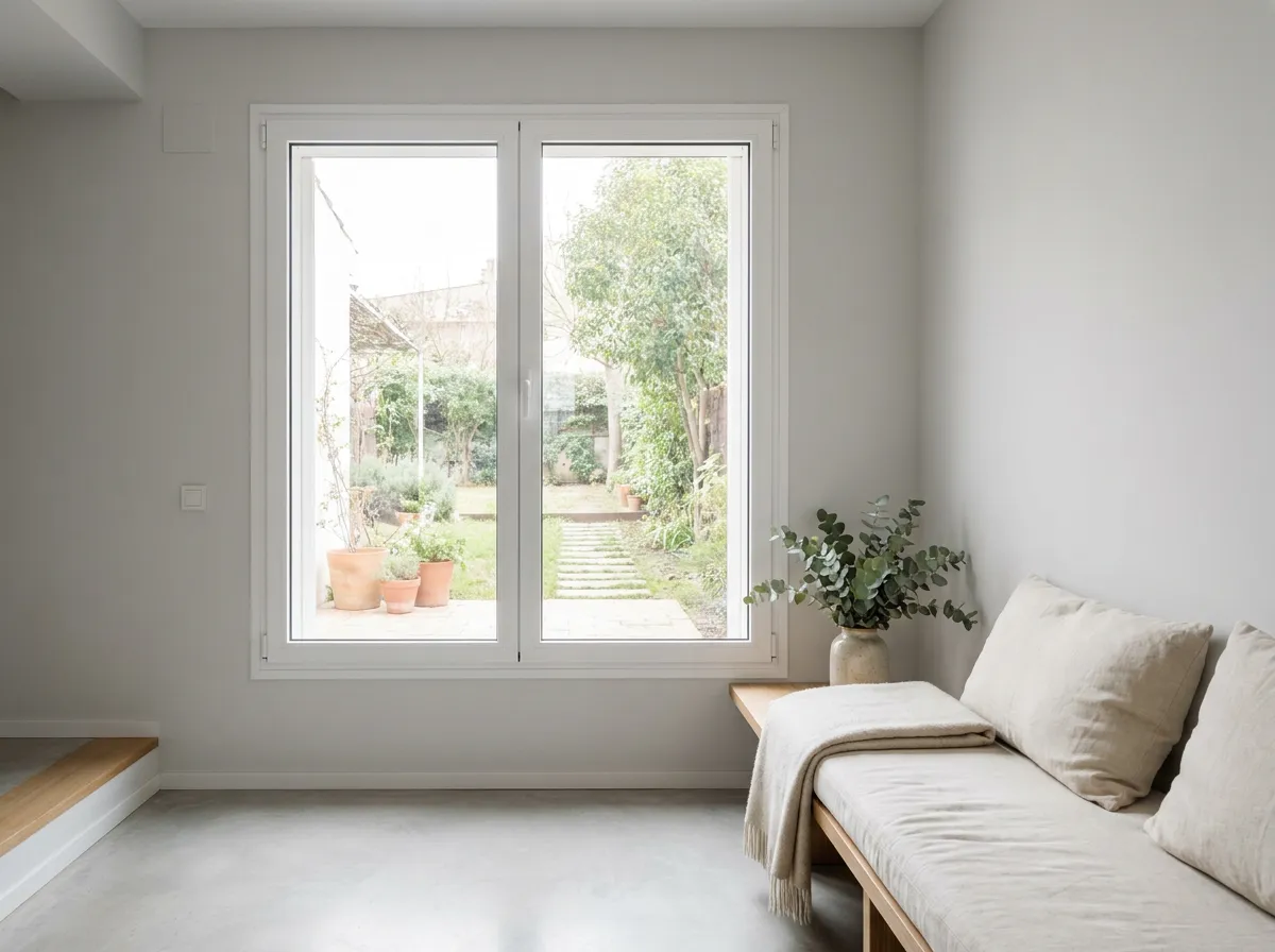 Ventana de PVC blanca en hogar moderno